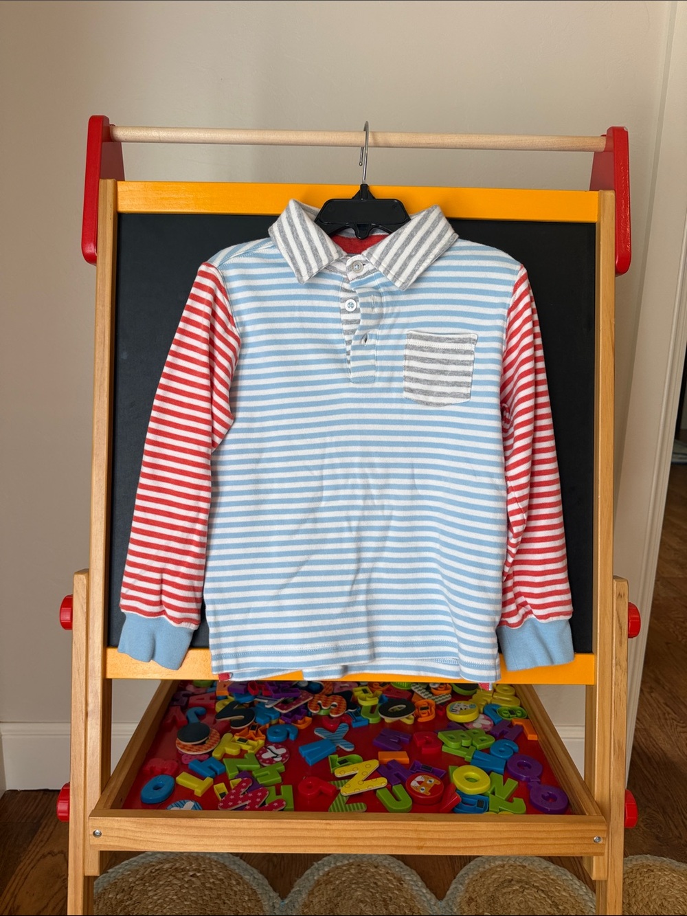 Mini Boden Striped Polo Shirt in Blue, Orange and Gray